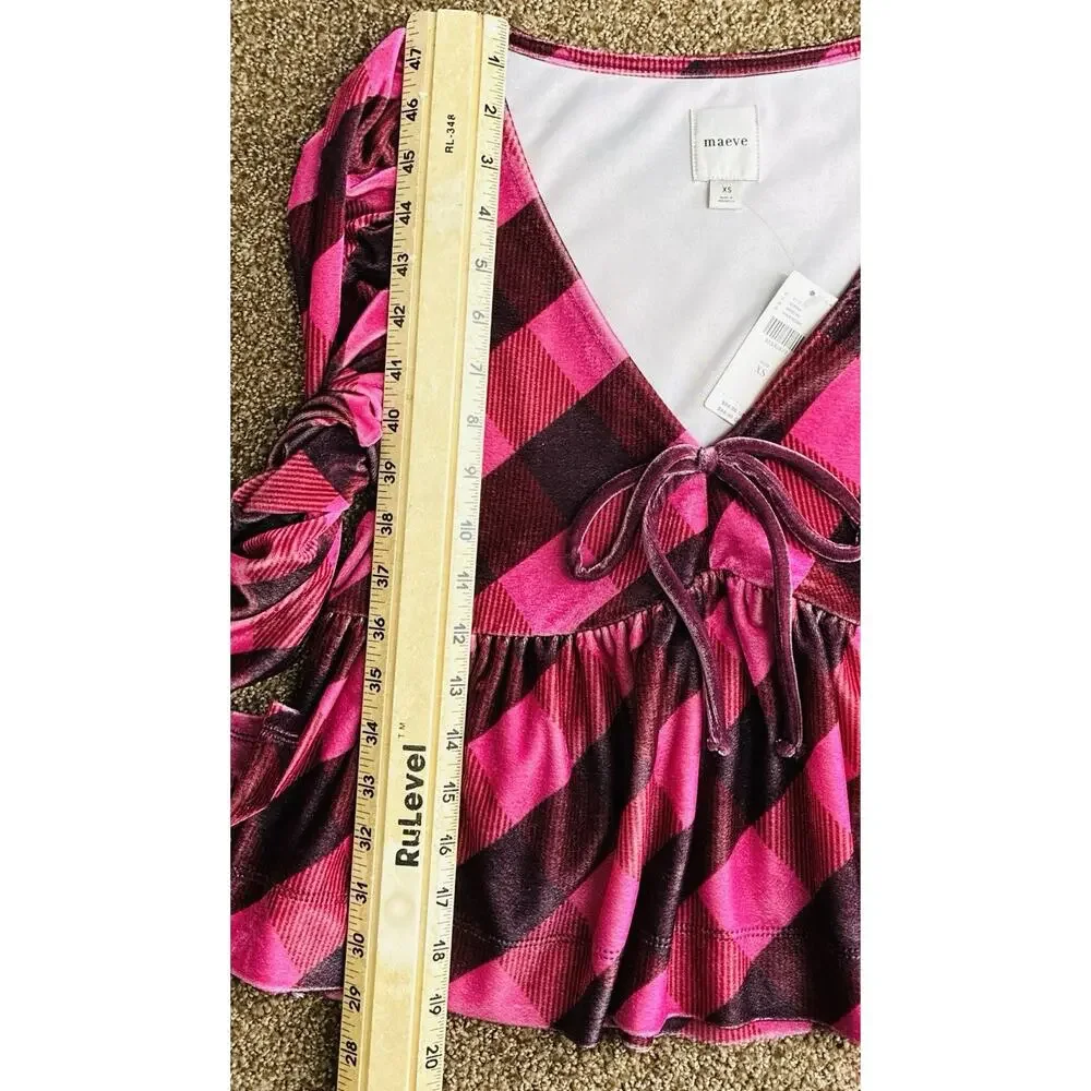 Maeve Anthropologie XS Pink Buffalo Plaid Peplum Puff Sleeve Tie Front Top NWT